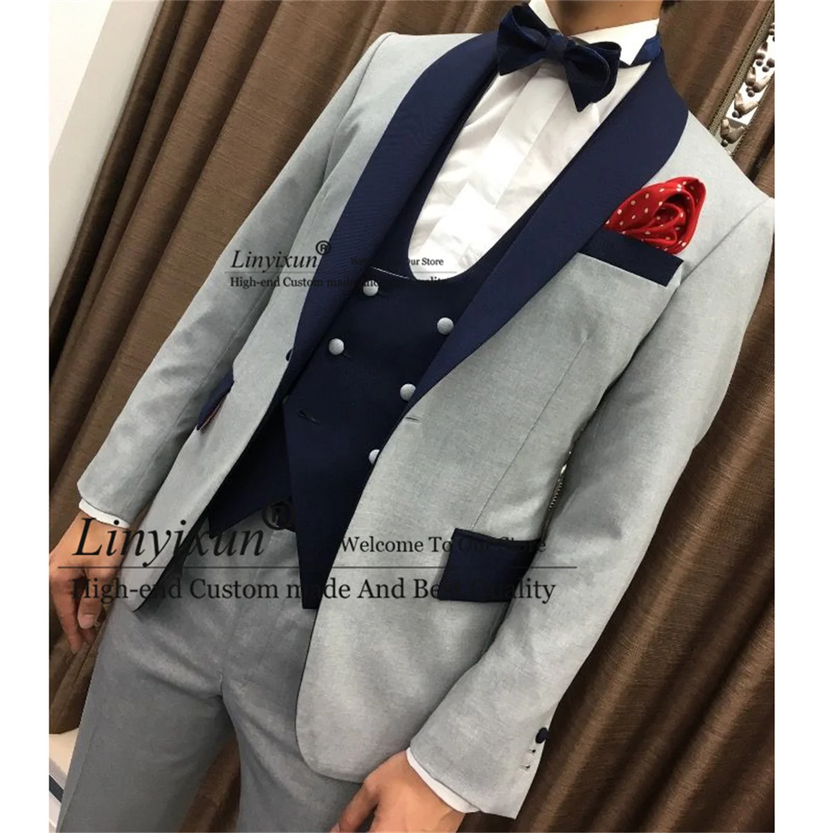 Grey Wedding Groom Tuxedos With Navy Shawl Lapel 3 Pieces Sets Men Suits Double Breasted Waistcoat+Jacket+Pants Groomsmen Blazer
Grey Wedding Groom Tuxedos With Navy Shawl Lapel 3 Pieces Sets Men Suits Double Breasted Waistcoat+Jacket+Pants Groomsmen Blazer
