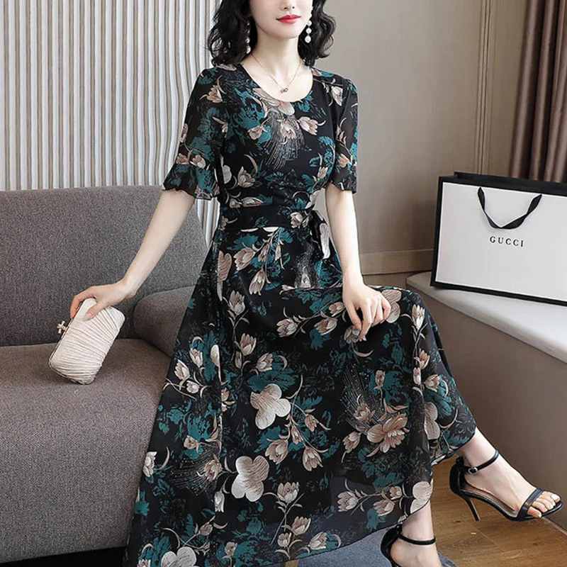 

Summer Oversized Vintage Floral Printing Beach Holiday Dress Ladies Flare Short Sleeve Casual Fashion Waist A-line Robe Vestidos