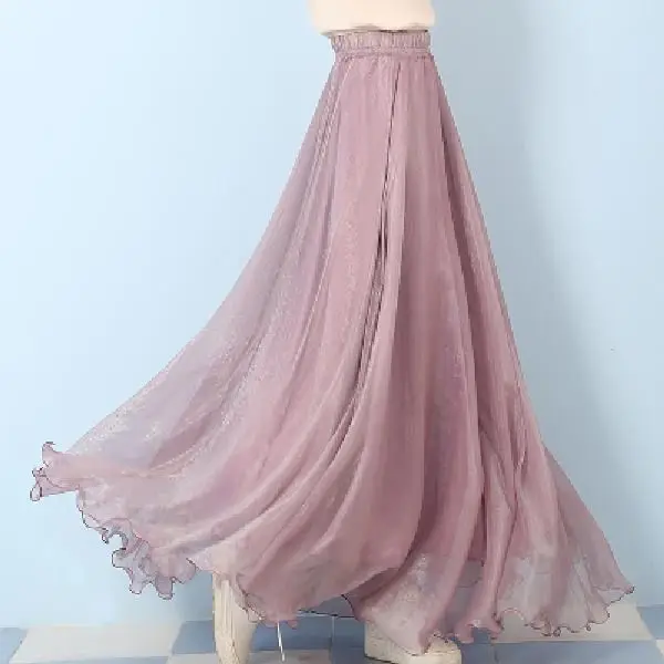 

High Quality Cotton and Linen Ultra Long Skirt for Women's Casual Elastic High Waisted Pleated A-shaped Beach Skirt Wave P774