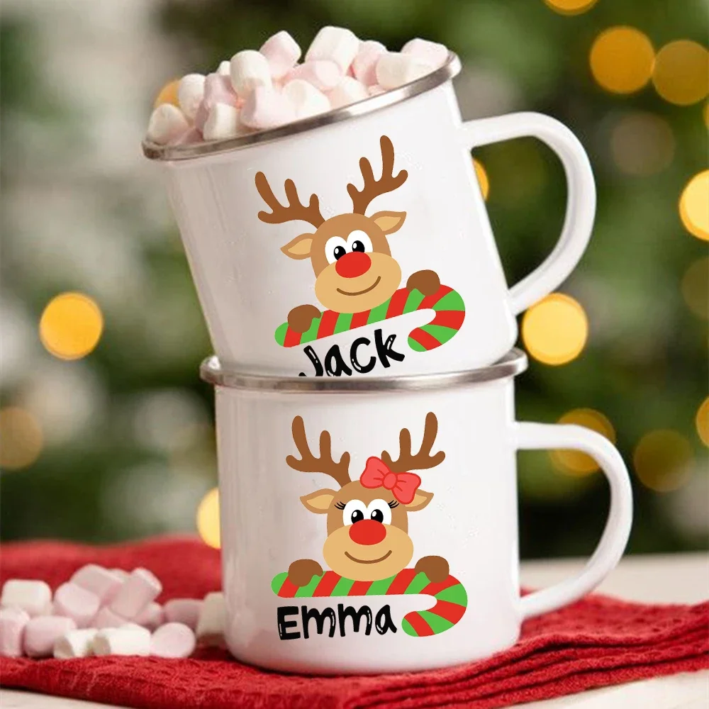 

Персонализированные рождественские эмалированные чашки с оленем, кружка с именем на заказ, пивная чашка для кофе, персонализированные подарки, Термокружка для кофе, чашка для переноски