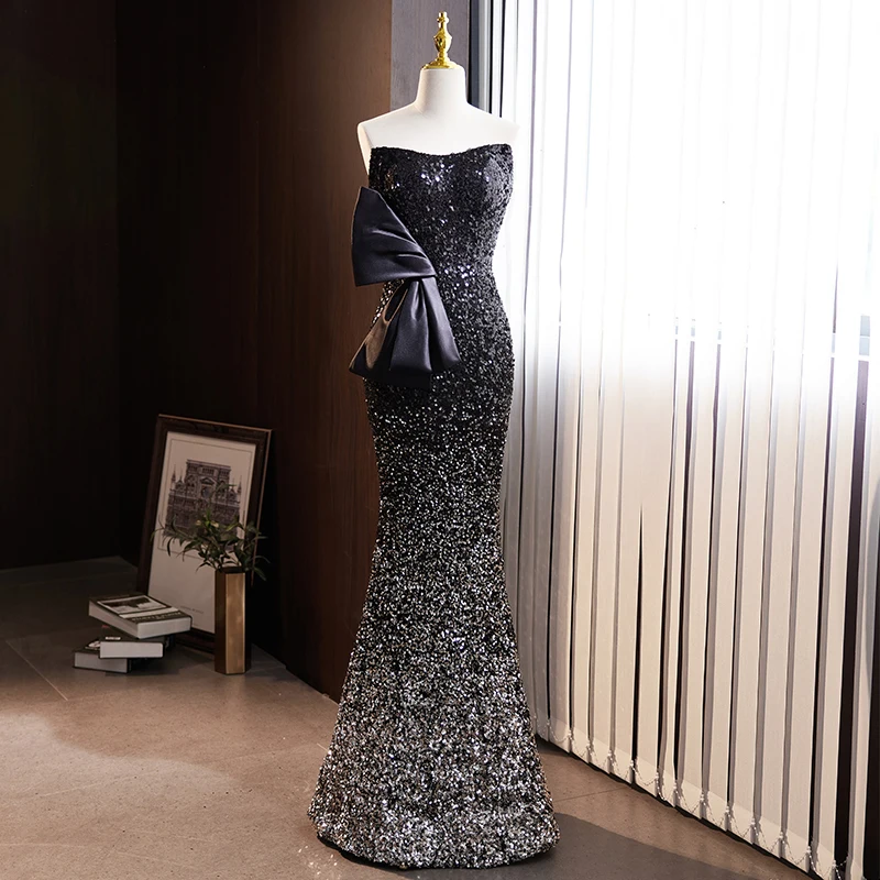 Evening Dress Black Sequins Mermaid Sleeveless Floor-Length Strapless Lace Up Simple Elegant Party Formal Dresses Woman B2726
Evening Dress Black Sequins Mermaid Sleeveless Floor-Length Strapless Lace Up Simple Elegant Party Formal Dresses Woman B2726