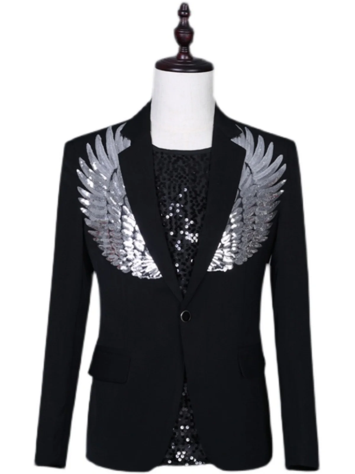 

Men's Black Casual Wing Sequin Small Suit Host Emcee Best Man Dress Nightclub Bar Singer Dancer Stage Performance Uniform