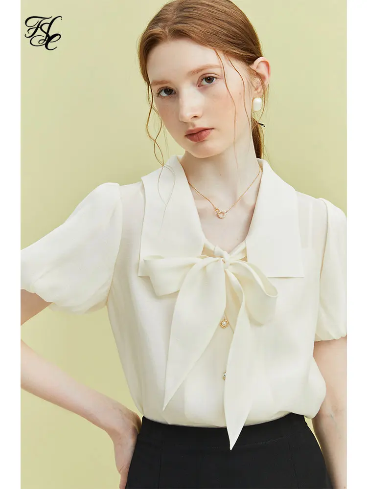 

FSLE French Temperament V-neck Short-sleeved Shirt for Women Bow-knot Design Office Lady Commuter Style Light Top Shirt Female
