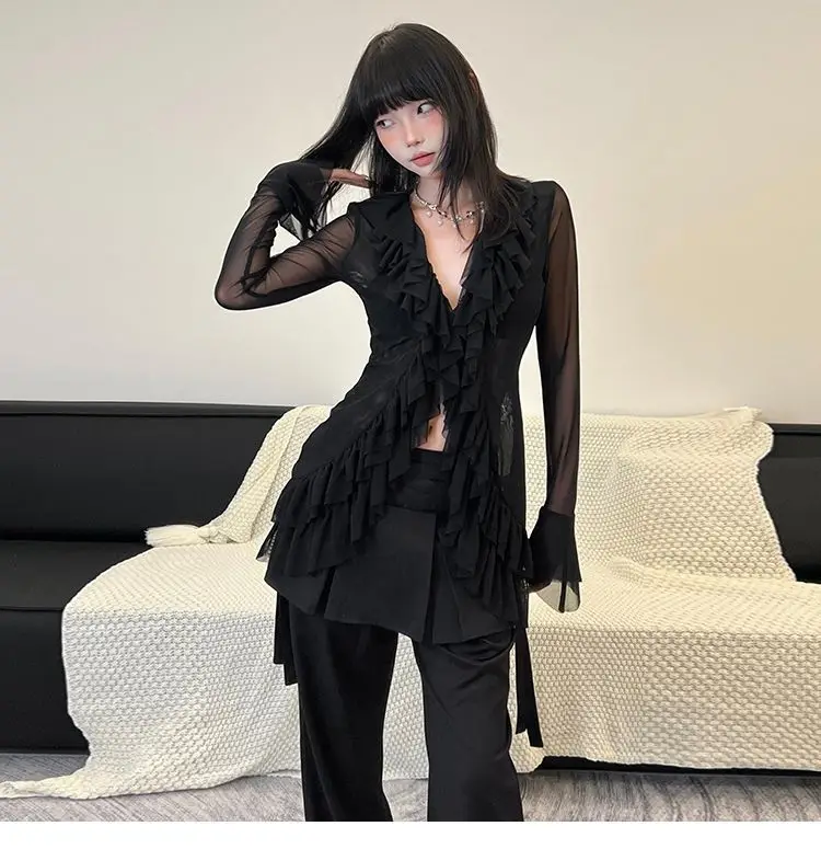 Korean Blouse Women's Clothing V-neck Long Sleeve Tunic Shirts Camisas De Mujer Heavy Ruffles Spring Summer Gauze Blouses Tops Korean Blouse Women's Clothing V-neck Long Sleeve Tunic Shirts Camisas De Mujer Heavy Ruffles Spring Summer Gauze Blouses Tops
