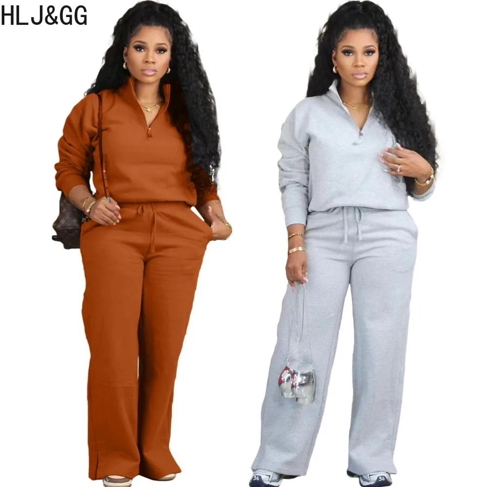 

HLJ&GG Casual Solid Wide Leg Pants Two Piece Sets Women Zipper Long Sleeve Top + Drawstring Pants Tracksuits Female 2pcs Outfits