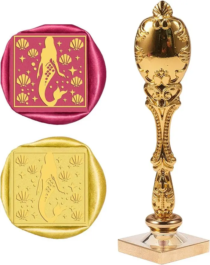 

1PC Wax Seal Stamp Mermaid Pattern Vintage Wax Sealing Stamps Retro 25mm Removable Square Brass Head Peacock Alloy Handle