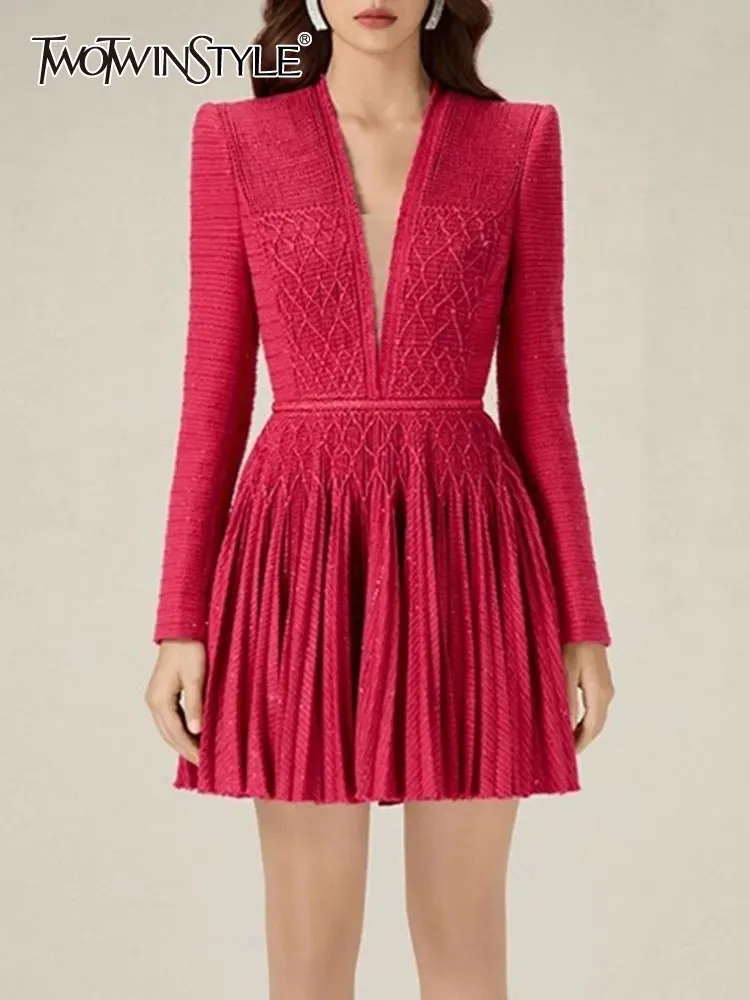 TWOTWINSTYLE Solid Elegant Dresses For Women V Neck Long Sleeve High Waist Patchwork Pleated Mini Dress Female Fashion Clothing
TWOTWINSTYLE Solid Elegant Dresses For Women V Neck Long Sleeve High Waist Patchwork Pleated Mini Dress Female Fashion Clothing