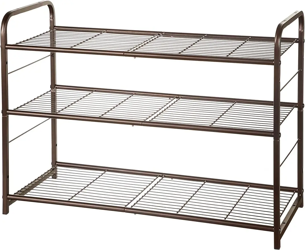 

3-Tier Stackable Shoe Rack Storage Organizer, for Bedroom Closet, Entryway, Hallway, Expandable & Adjustable, Wire Grid, Brown