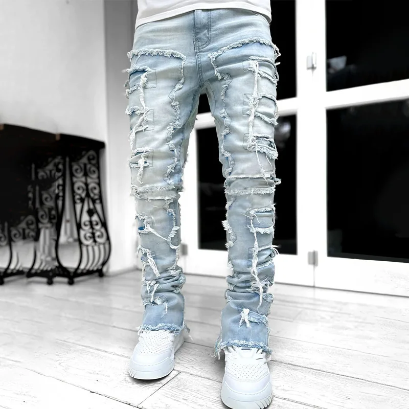 

1PC Elastic Denims Pants Trousers Straight Pants Ripped Jeans Cotton Stacked Jeans Destroyed Men Vintage Hip Hop