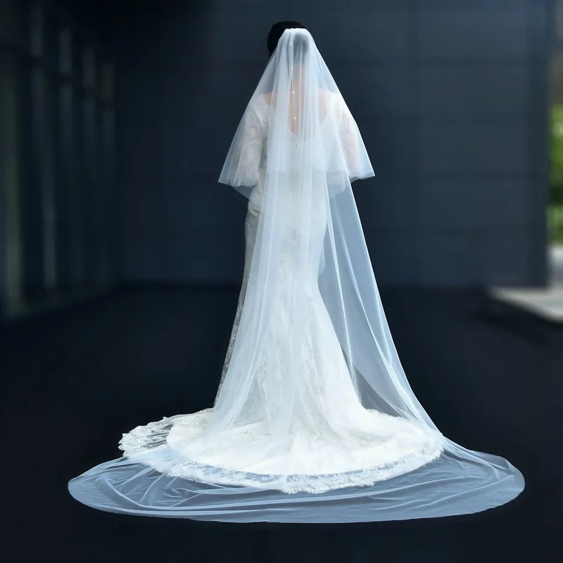 

Pearls Bridal Veils Long Sheer Wedding Veil 2 Tier Chapel Length Cut Edge Beaded Soft Wedding Accessories for Bride V64