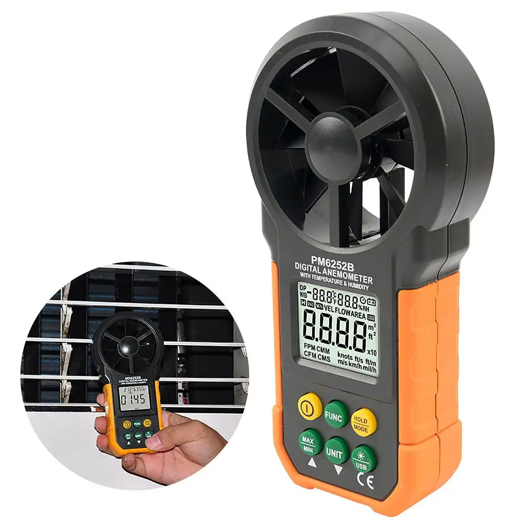 PM6252B Digital Anemometer Handheld Wind Speed Meter for Air Volume Wind Speed Temperature Relative Humidity Measurement
PM6252B Digital Anemometer Handheld Wind Speed Meter for Air Volume Wind Speed Temperature Relative Humidity Measurement