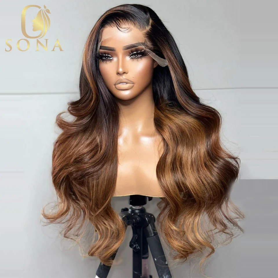 

Ombre Brown 13X4 13X6 Transparent Lace Front Human Hair Wig Dark Root Glueless Body Wave Honey Blonde Closure Wig Pre Plucked 27