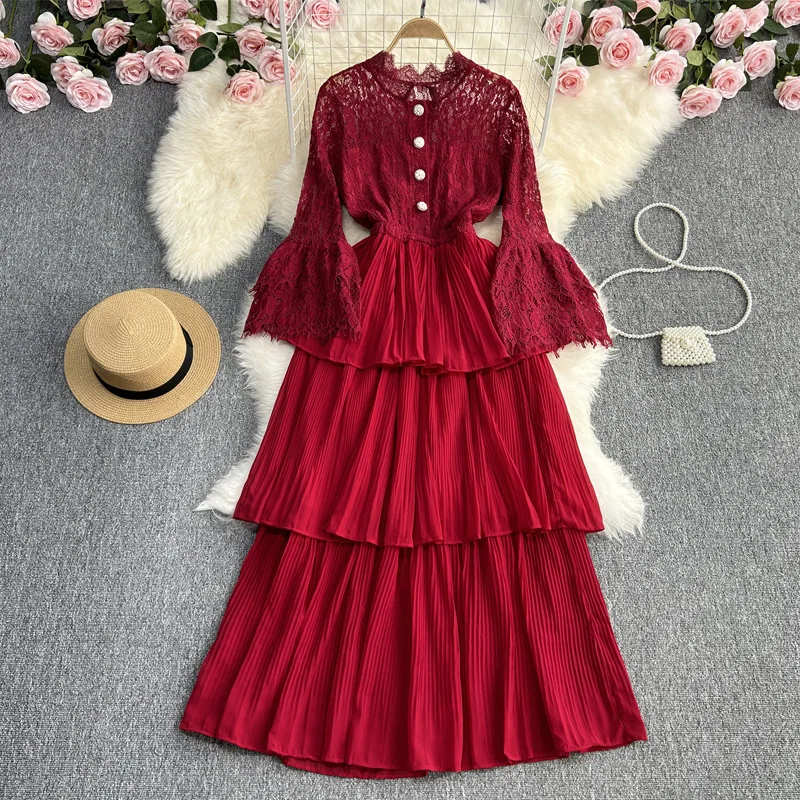 

Bell Sleeve Lace Hollow Splicing Layered One-Piece Dress Women'S Summer Waist Slimming Mid-Length Dresses See Through Look Skirt