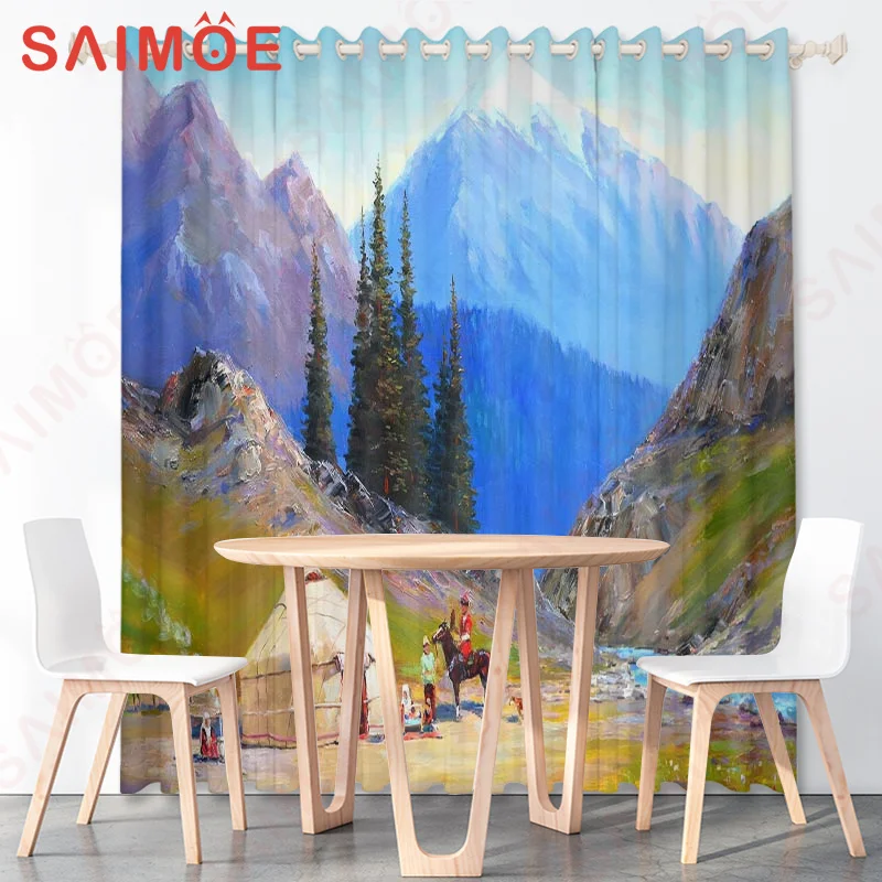 

Idyllic Mountains Natural Scenery Curtains Sunset Trees Forest Thin Polyester Fabric Bedroom Office Custom Decoration with Hooks