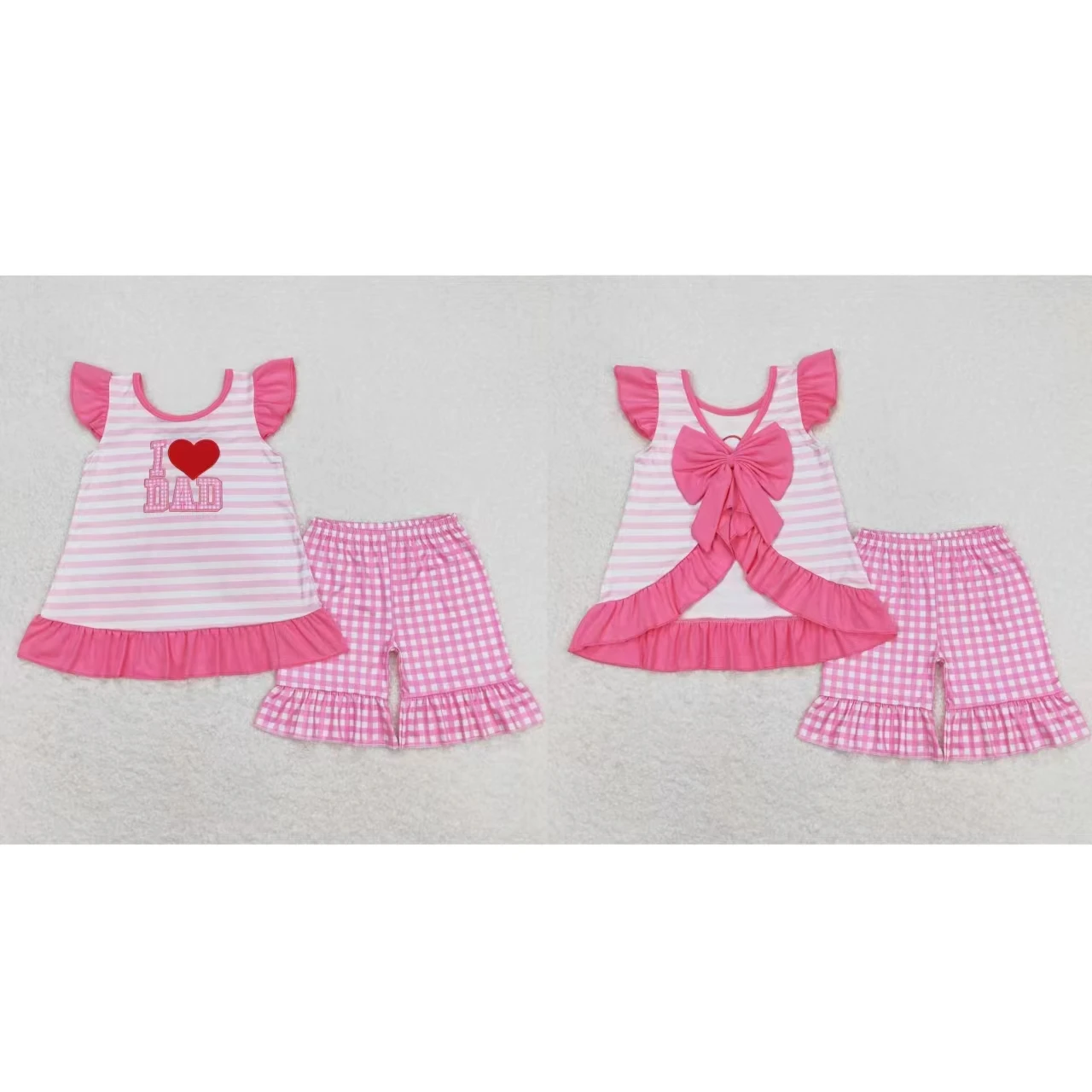 

Wholesale Kids Children Short Sleeves Embroidery Dad Stripes Tunic Outfit Toddler Plaid Shorts Summer Baby Girl Pink Set