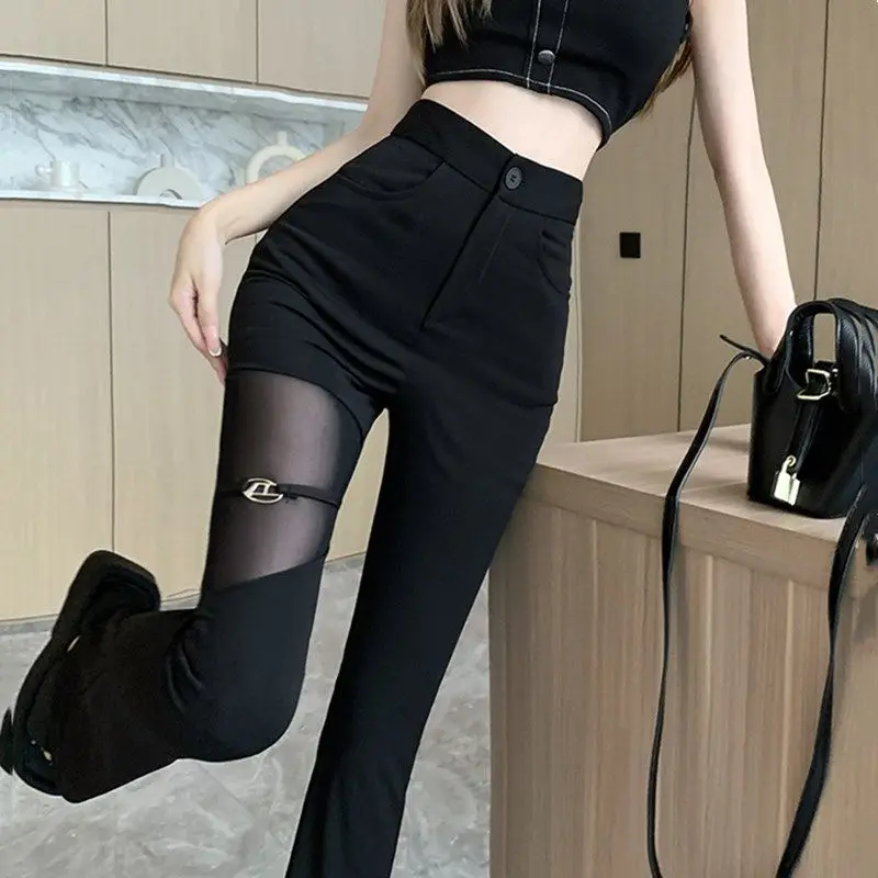 

Black Splicing Gauze Women Skinny Micro Flared Pants Korean Spring Summer High Waiste Slim Fashion Casual Floor Mopping Trousers