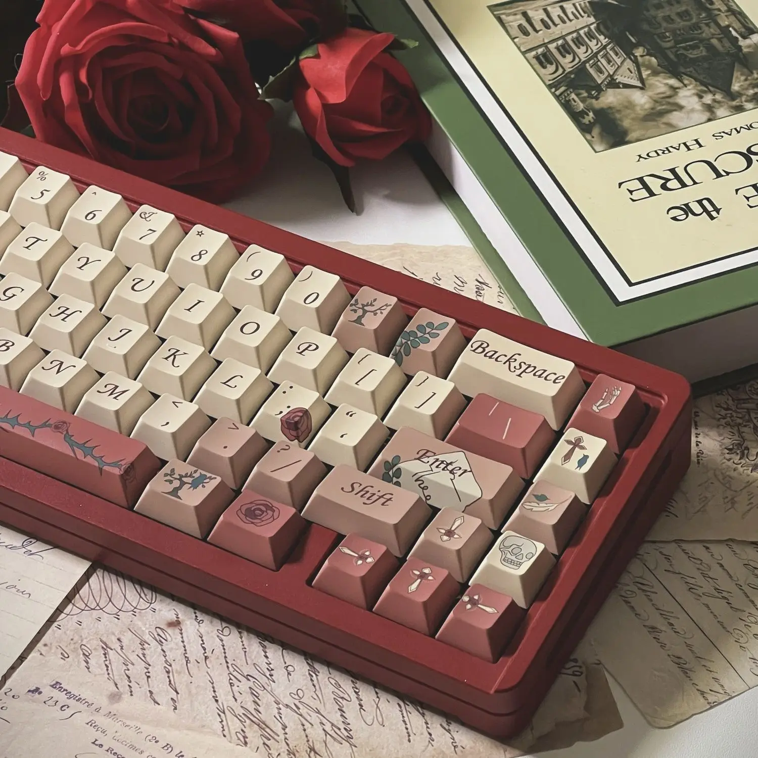 

141Keys Retro Red French Keycaps Letter From Rose Complete Set PBT Sublimation For Mechanical Keyboard Cherry With 3U Keycap