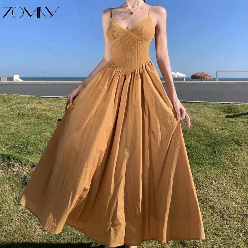 

Модное женское облегающее платье миди ZOMRY Maillard, весенне-летние сексуальные пляжные наряды с открытой спиной для отпуска, повседневные платья на бретелях