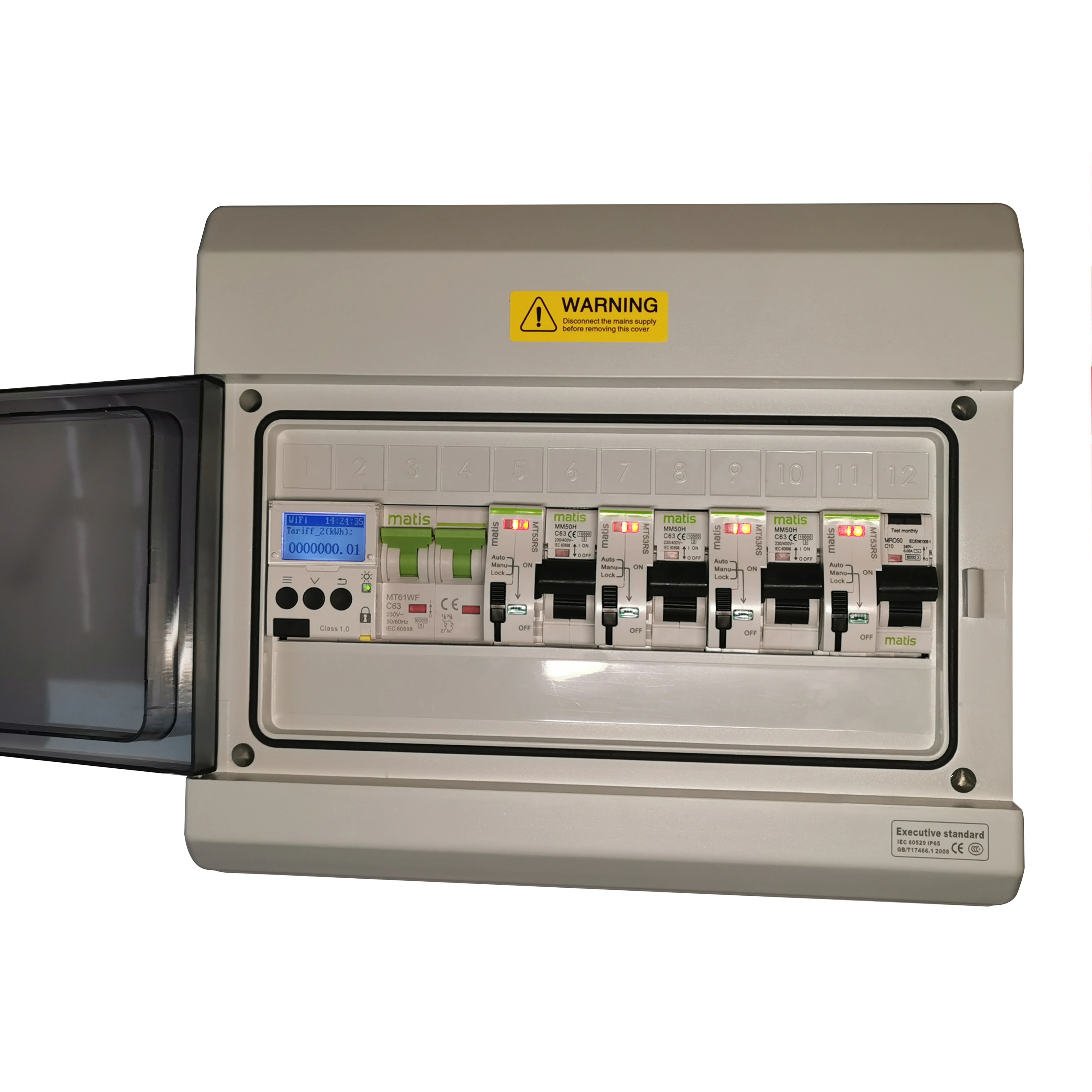 Matismart 12 way distribution box MT61WF 2P 63A energy meter with MT53RS remote control breaker
Matismart 12 way distribution box MT61WF 2P 63A energy meter with MT53RS remote control breaker
