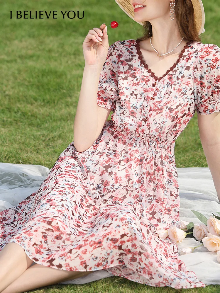 

I BELIEVE YOU Dresses for Women 2023 Summer Puff Sleeves Chiffon Puff Sleeves Vneck Aline Vestidos Red Female Dresses 2231095002
