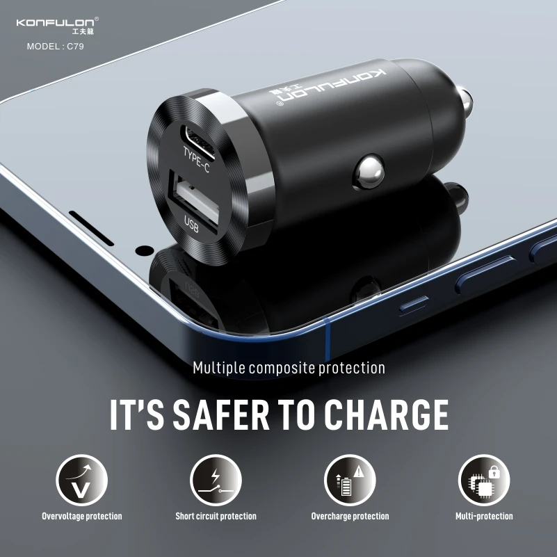 

Portable Mini Car 12w Power Charger USB&Type-c 2.4A Output Port Charging PD Dual Ports Car Adapter for iPhone Xiaomi Huawei