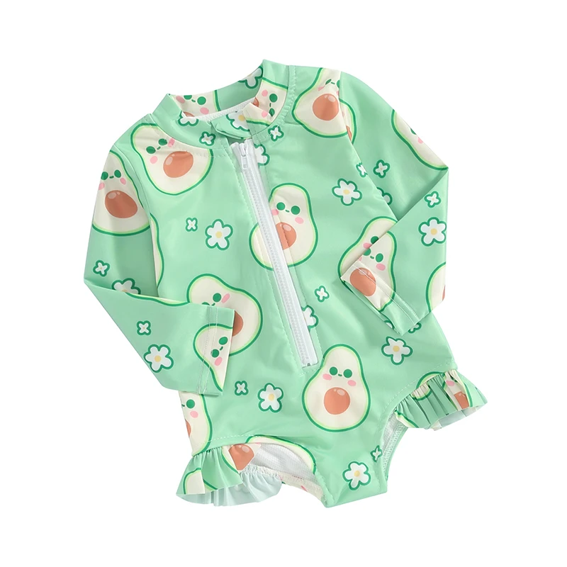

Baby Girl Swimwear Summer Fruit Print Ruffle Long Sleeves Monokini Swimsuits for Toddler Bathing Suits Beachwear