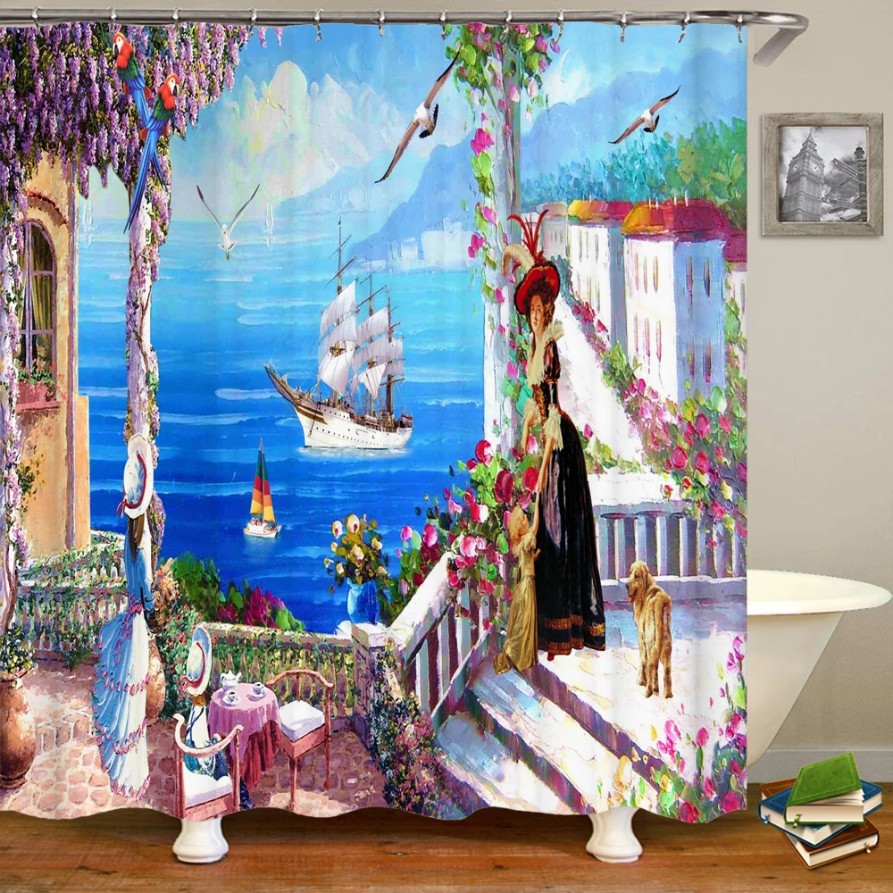 

Beautiful Retro Garden Town 3D Landscape Bathroom Shower Curtain Polyester Waterproof Curtain Home Decor Curtain With hook