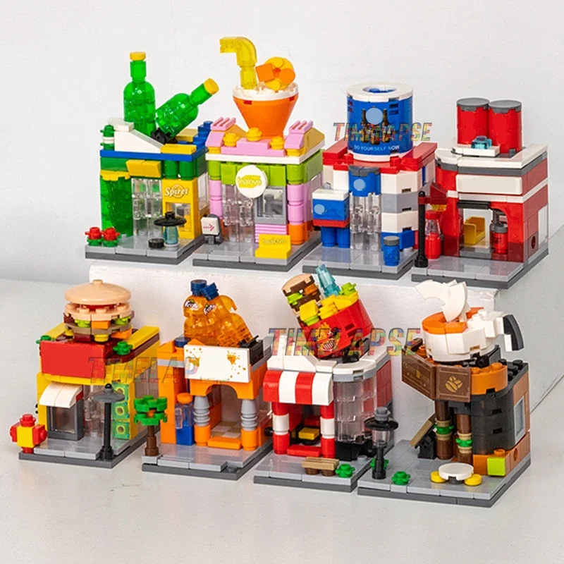 

3D Food Street Building Blocks DIY Architecture Store Street View Food House Classic Movie Model Children Toys Blocks Hot Sale