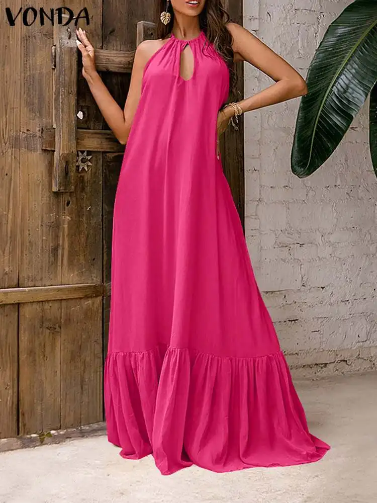

VONDA Women Elegant Maxi Long Dress 2024 Sleeveless Floor Length Tank Dress Summer Ruffle Hem Solid Color Sundress Loose Vestido