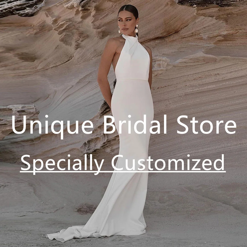 

Simple Bridal Dress With Halter Neck Sleeveless Backless Wedding Gown Button Draped Detachable Court Train Vestido De Noiva