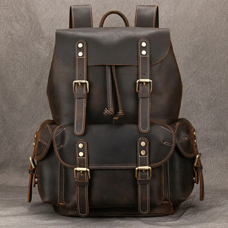 

Men's Leather Backpack Vintage Crazy Horse Leather Male Daypack Large Capacity Travel Backpack Bagpack School Bag For Man