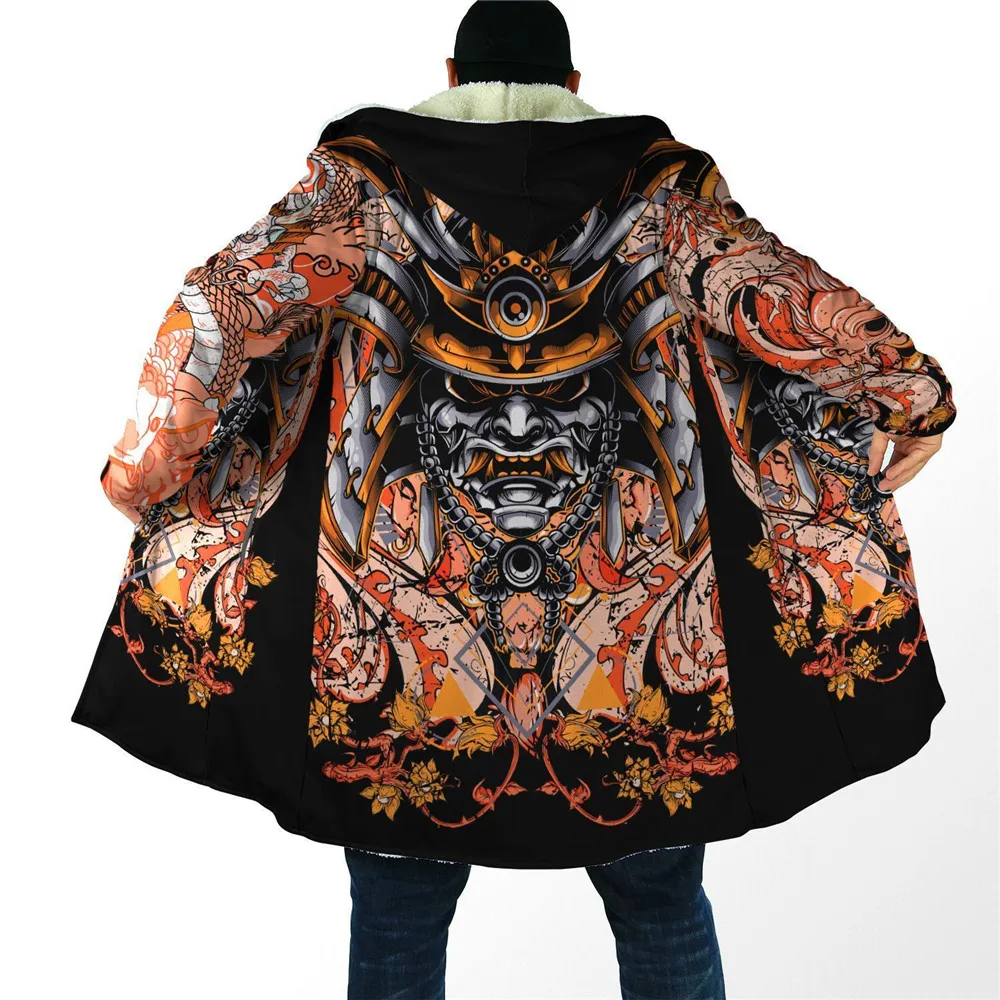 

HX Fashion Mens Cloak Japanese Sakura Samurai Tattoo 3D Print Fleece Hooded Cloak Winter Coats Windproof Cape Hooded Blanket