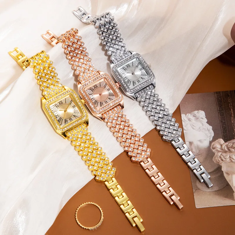 

Модные квадратные женские часы с римскими цифрами и бриллиантами, женские часы, кварцевые часы, женские часы, роскошные золотые часы