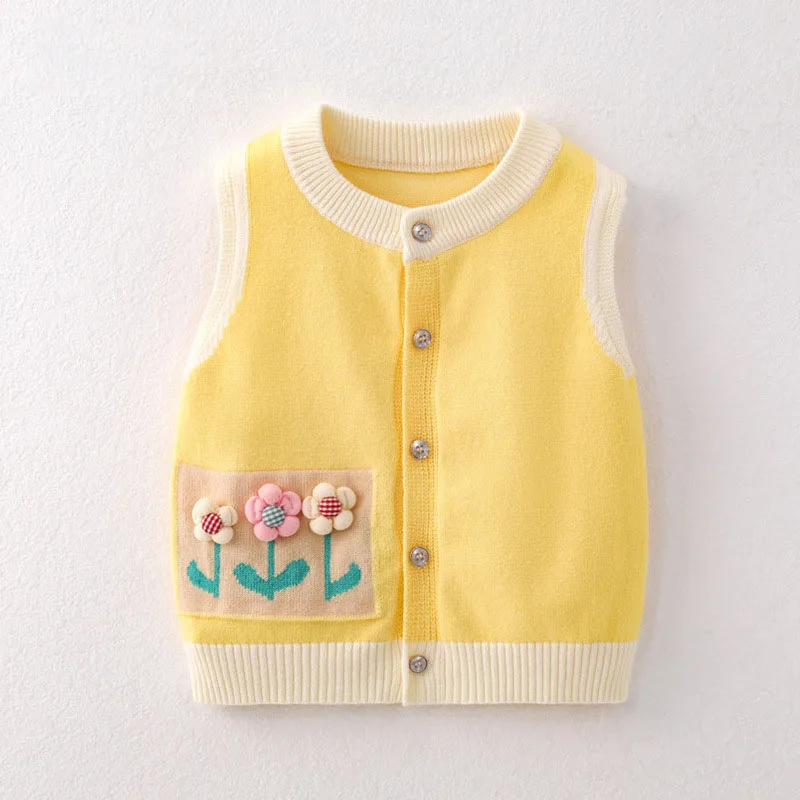 

Newborn Baby Cotton Vest Contrast Color Sleevless Girl Knitted Coat Flower Appliques One Breasted Casual Versatile Bottom Jacket