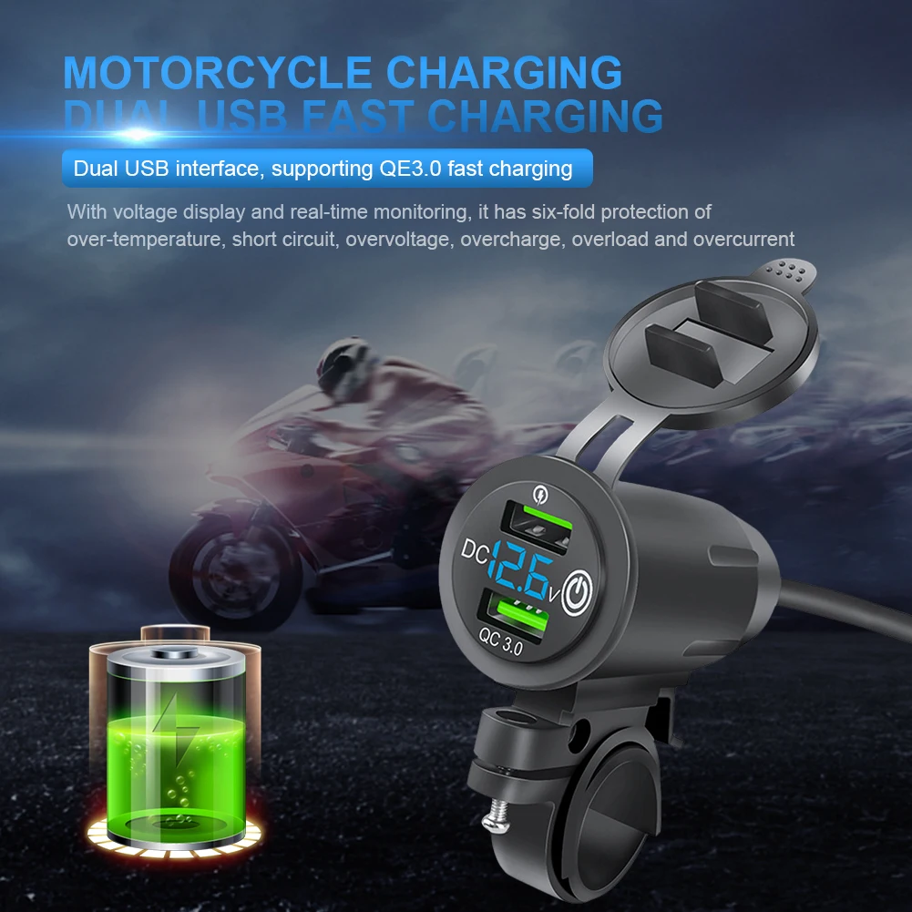 Motorcycle Handlebar Charger Dual USB Motorcycle Charger Fast Charge QC3.0 Motorcycle Mobile Phones Charger Multiprotection
Motorcycle Handlebar Charger Dual USB Motorcycle Charger Fast Charge QC3.0 Motorcycle Mobile Phones Charger Multiprotection