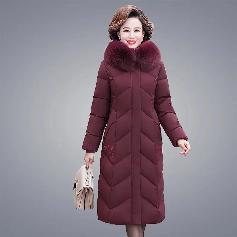 

2023 New Women Winter Jacket Puffer Parka Fur Collar Hooded Overcoat Long Thicken Warm Snow Jacket Middle-Aged Mother Outwear