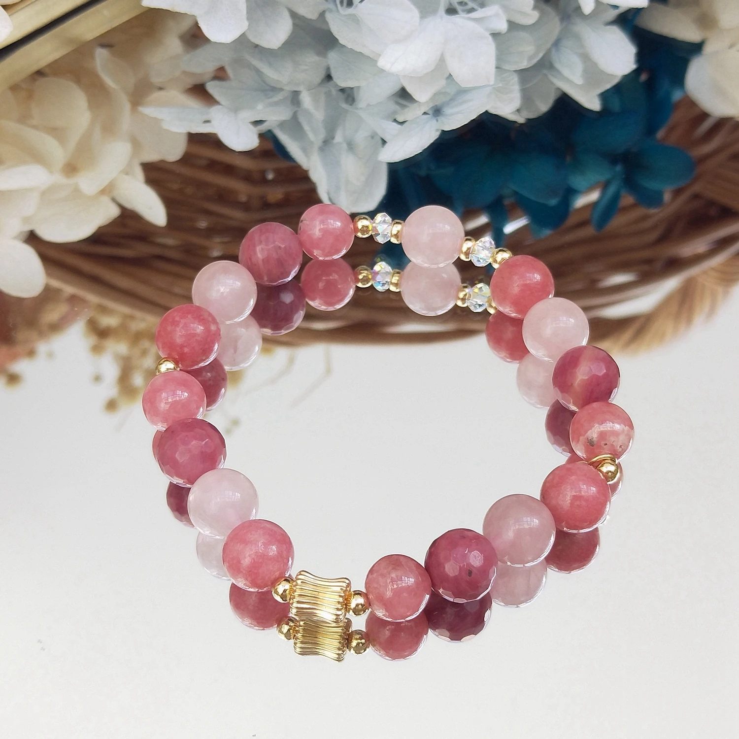 Lii Ji Natural Thulite Rose Quartz Rhodochrosite Rhodonite 8mm 14K Gold Filled Charms Elastic Bracelet Handmade Fashion Jewelry 
Lii Ji Natural Thulite Rose Quartz Rhodochrosite Rhodonite 8mm 14K Gold Filled Charms Elastic Bracelet Handmade Fashion Jewelry