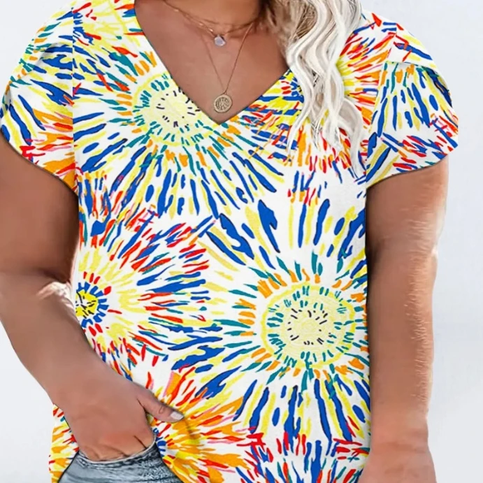 

Tie Dye Printed Petal Sleeve Elastic V-Neck Casual Top New Hot Selling Fashion Casual Short Sleeved T-Shirt