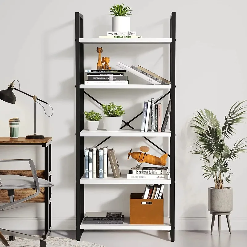 

Dextrus 5-Tier Bookshelf Sturdy Wood Storage Bookcase Shelves with Metal Frame Plant Display for Living Room Office, White