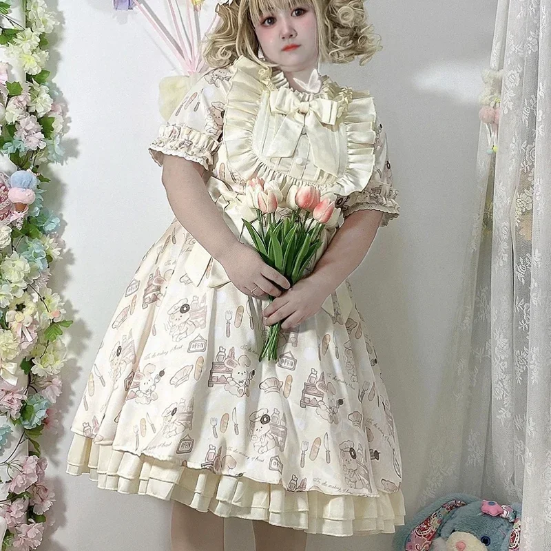

Japanese Kawaii Lolita Op Dress Sweet Girl Cartoon Bunny Print Bow Puff Sleeve Chic Princess Dresses Women Cute Party Mini Dress