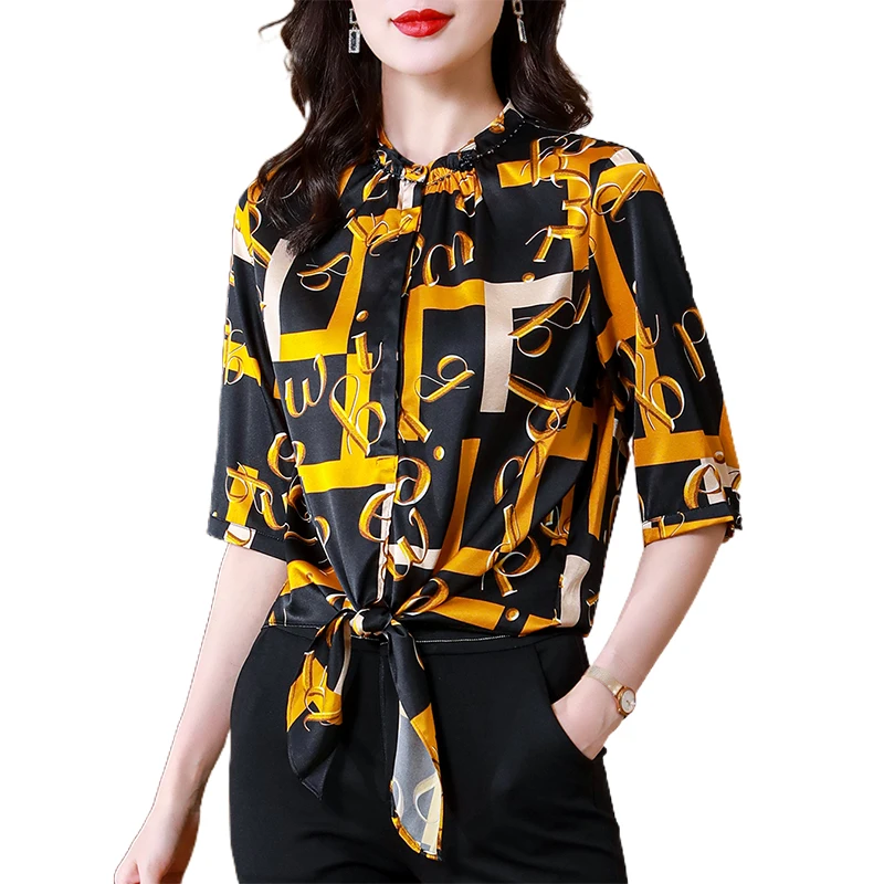 Lace Up Waist Shirts Women Summer Printed Gold Shirts Lady Half Sleeve Satin Shirts Women Printed Satin Tops
Lace Up Waist Shirts Women Summer Printed Gold Shirts Lady Half Sleeve Satin Shirts Women Printed Satin Tops