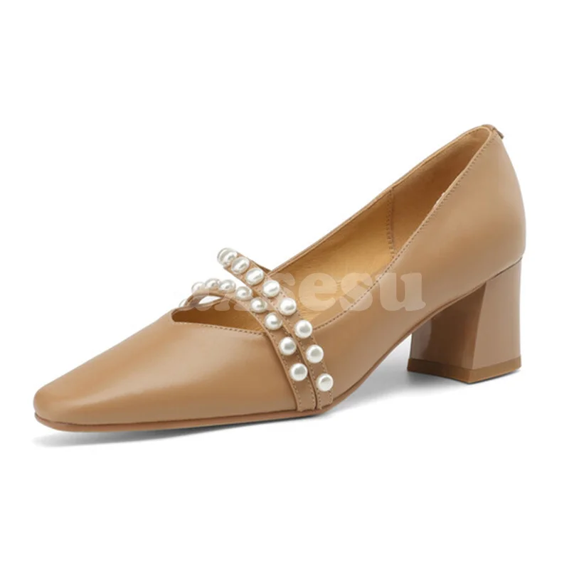 

Female Pumps Spring Autumn New Full Grain Leather Upper Shallow Mouth Design Pearl Decoration Ladies Shoes Classics Retro Pumps