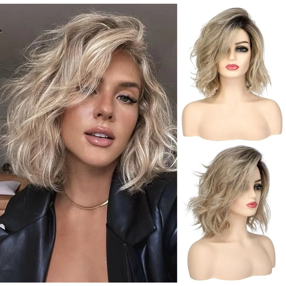 

ombre blonde curly wavy short bob wig (with bangs) girls day shoulder length side parted synthetic hair replacement wig