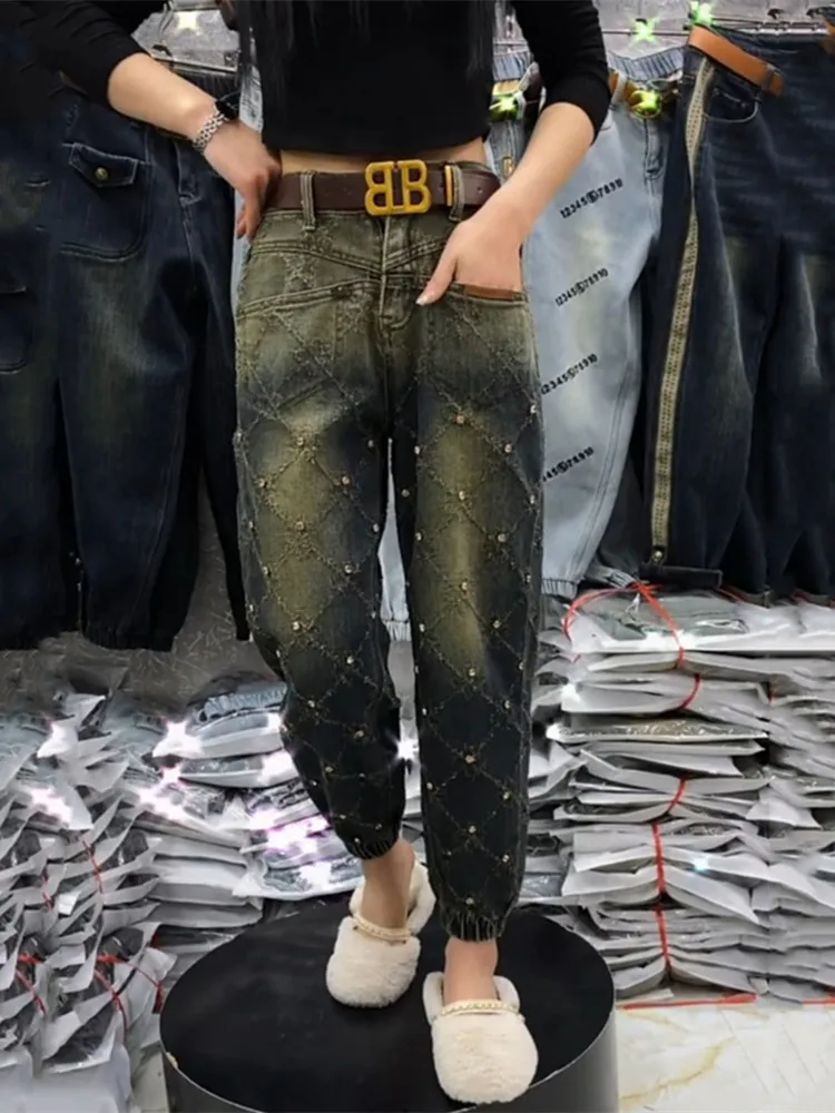

Rhinestone Women Jeans Fashion Washed Casual Pants All-match Straight Trousers Concise Bottom Clothes Winter