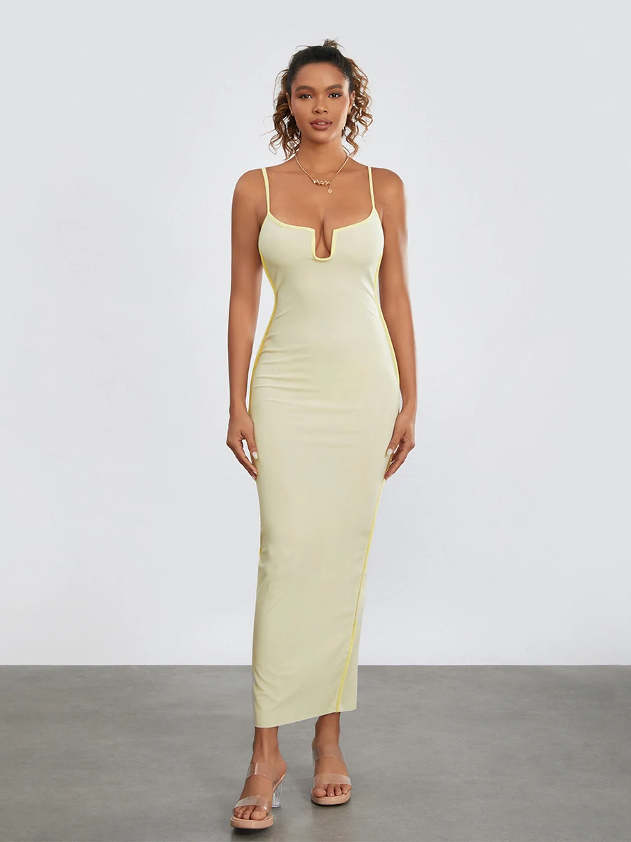 

New Fashion Female Bodycon Dress Contrast Color Sleeveless Spaghetti Strap Sexy For Ladies Apricot Club Street Style Hot Sale