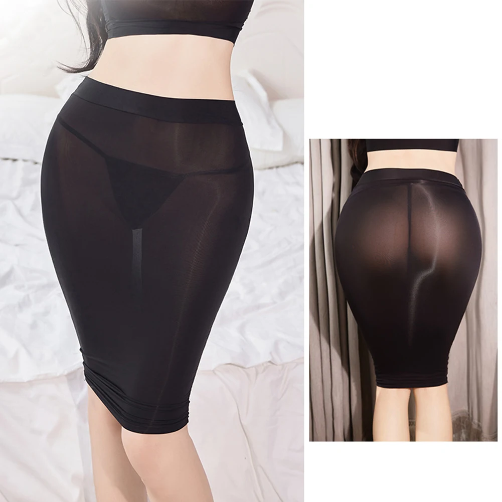 

Sexy Women Sheer High Waist Pencil Skirt Oily Wrap Dress See Through Lingeries Club Wear White/Black/Dark gray