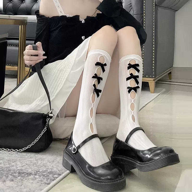 Женские бархатные чулки с бантом JK Lolita Sweet Girls, милые длинные чулки в японском стиле, ажурные сетчатые кружевные носки