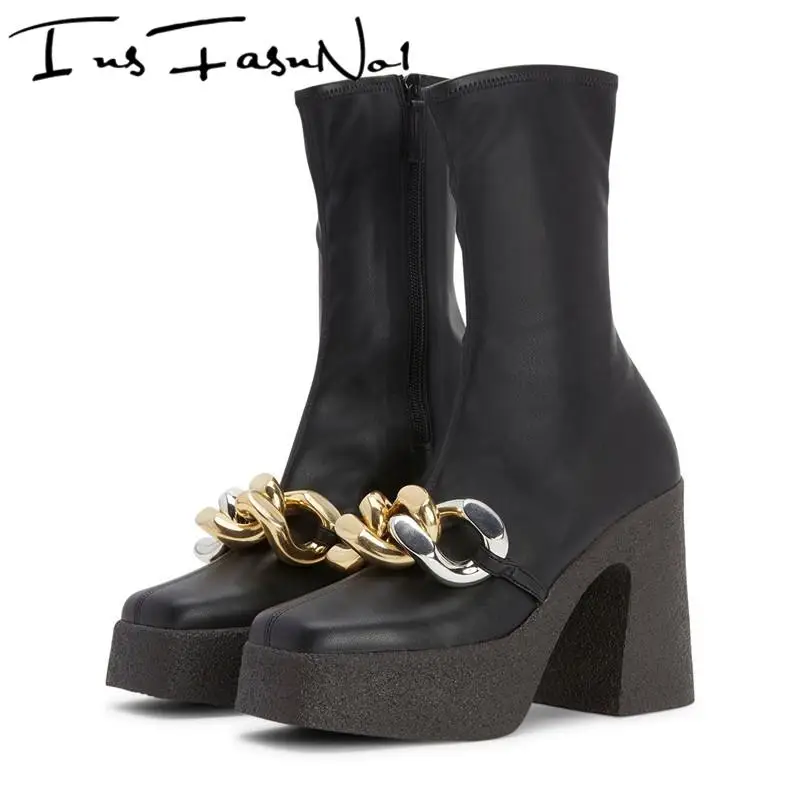 Platform Chains Ankle Boots Square Chunky Toe High Heel Stretch Booties Zipper Short Boots Ladies Elastic Heels Metallic Shoes 
Platform Chains Ankle Boots Square Chunky Toe High Heel Stretch Booties Zipper Short Boots Ladies Elastic Heels Metallic Shoes