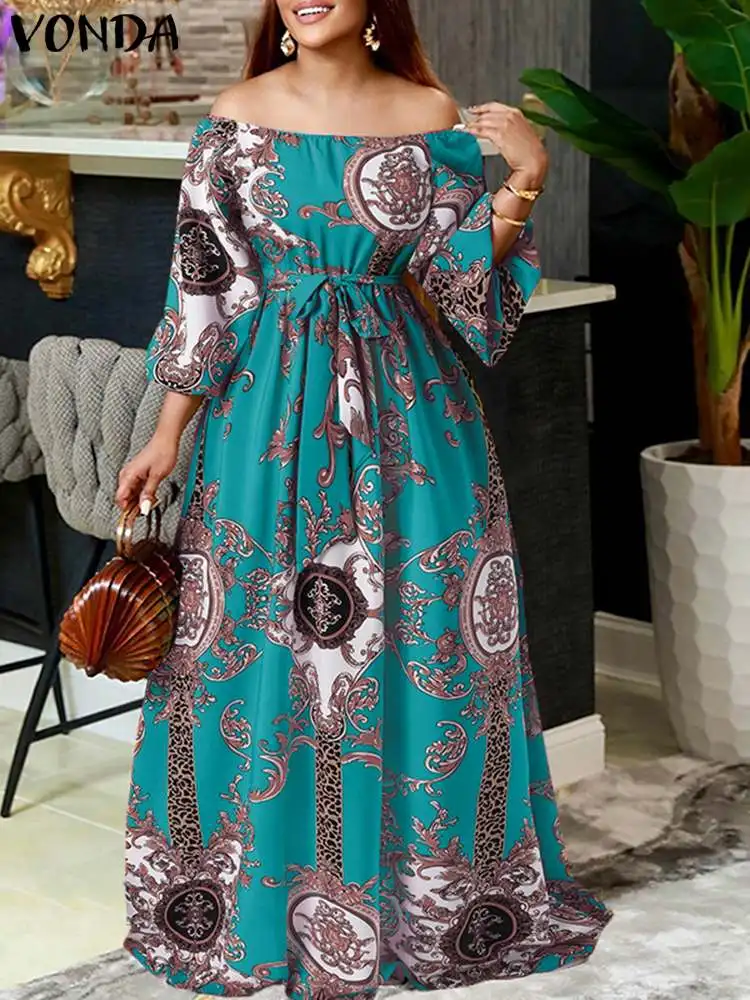 

VONDA Women Bohemian Printed Maxi Dress 2024 Sexy Off Shoulder Long Lantern Sleeve Party Sundress Belted Vintage Robe Oversized