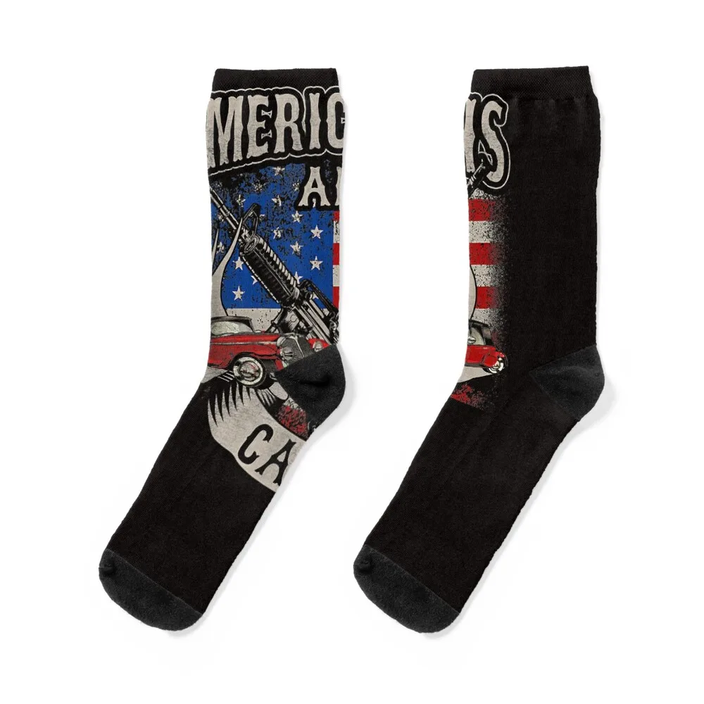 

America Guns and Cars - Vintage American Flag US Patriot T-Shirt Socks Heating sock Soccer Non-slip Man Socks Women's